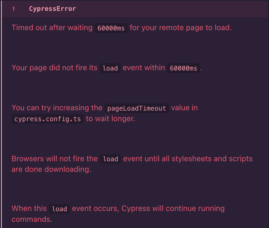cy.visit takes too long Page timeout error in Cypress