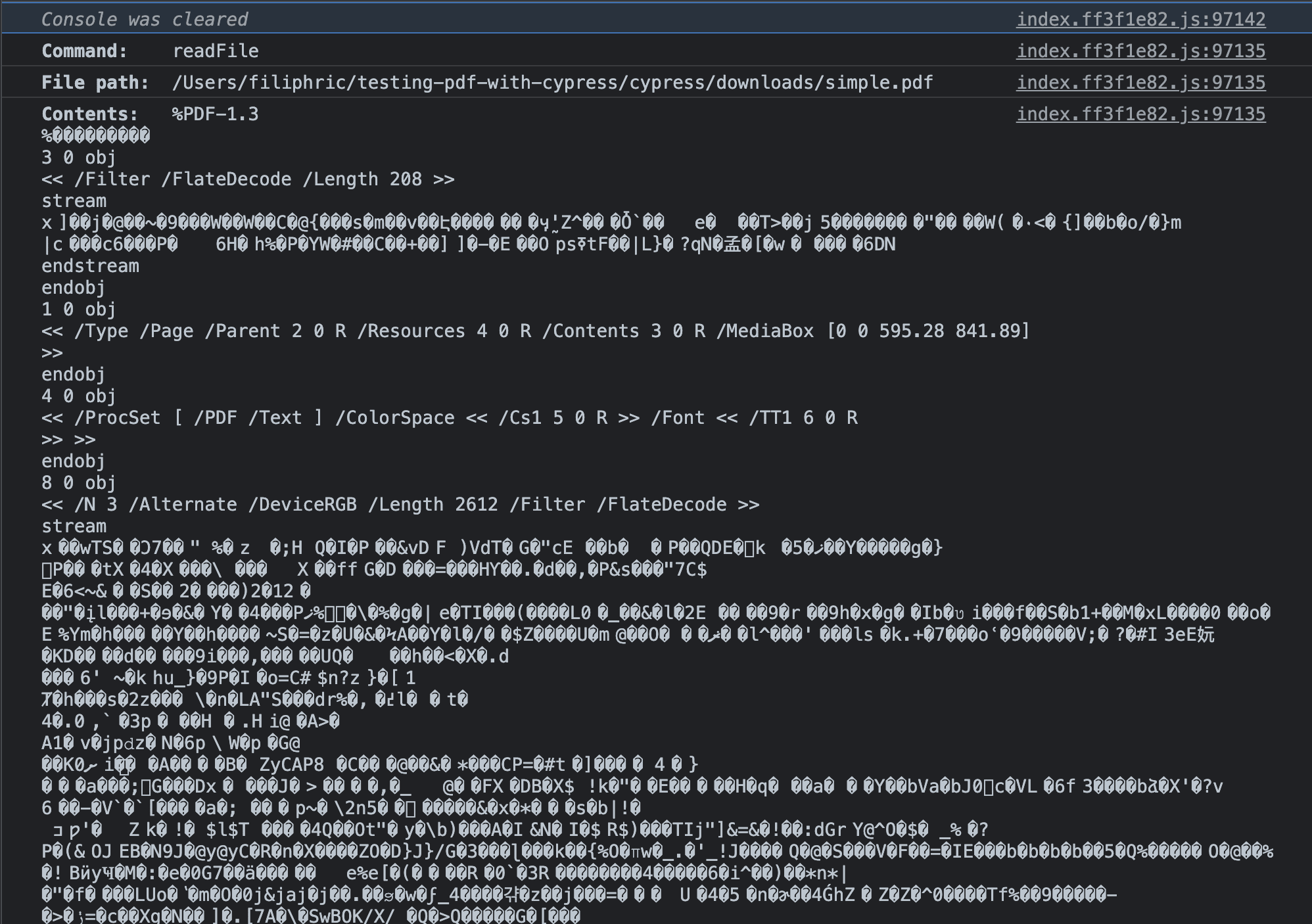 PDF file content read by Cypress cy.readFile() command