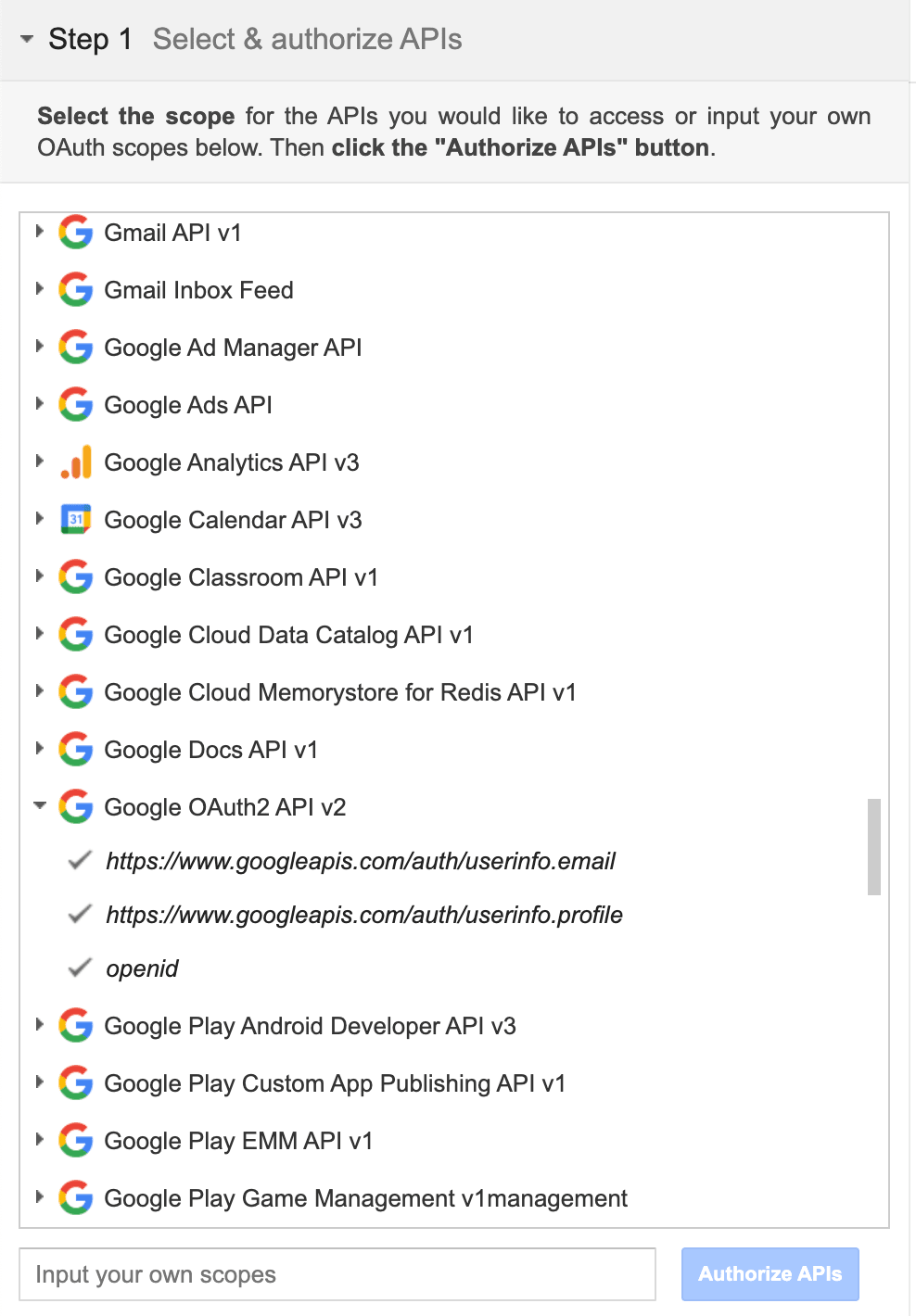 Google oauth playground scope