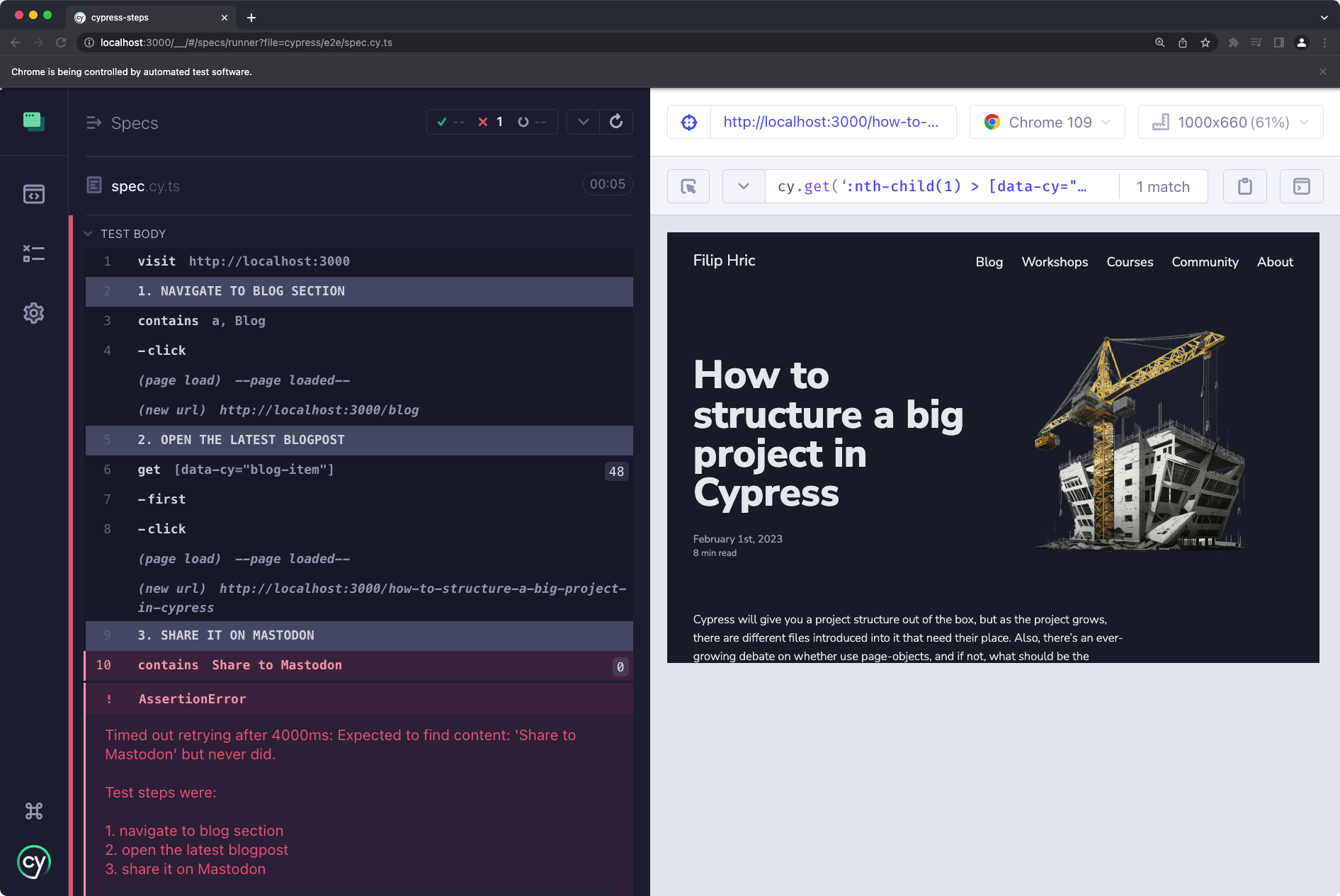 Cypress timeline with annotated steps and error output