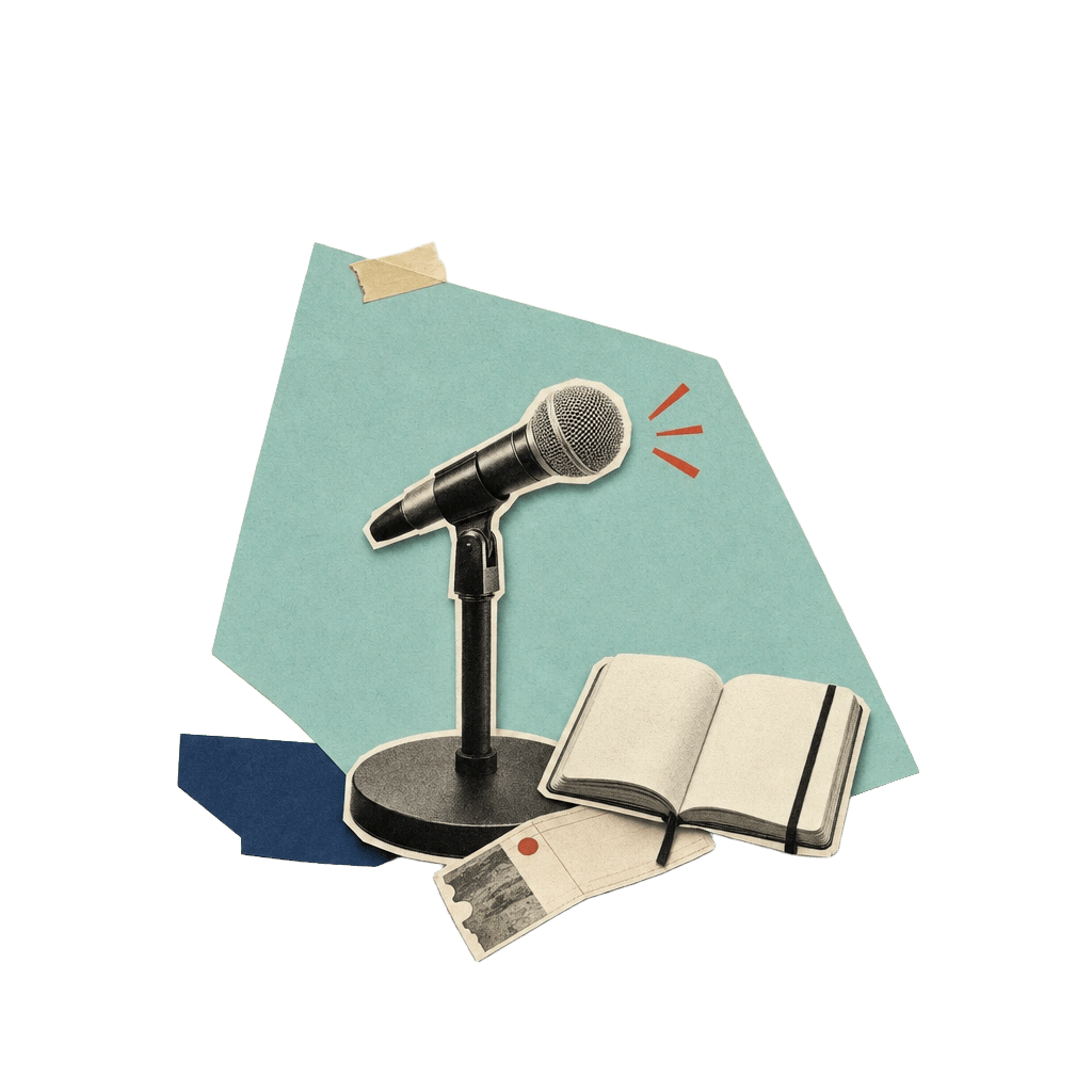 A microphone and notebook for conference speaking