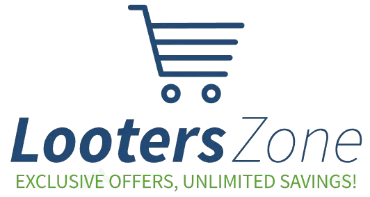 Looters Zone logo featuring a shopping cart icon with the tagline 'Exclusive Offers, Unlimited Savings