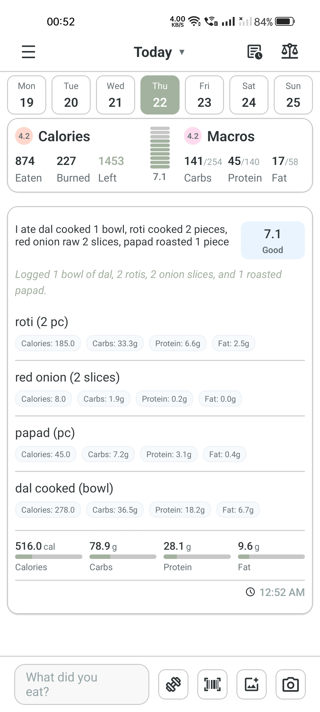 Food scanning result