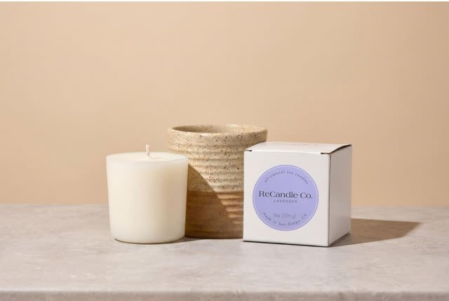 The ReCandle Co. handmade ceramic vessel with a wax refill, from the brand's product listing.