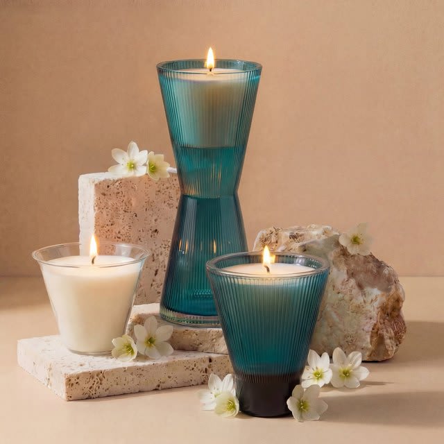 The OZAIZ ZAI hand-blown glass tumbler holding a lit candle insert, beside a second vessel and mineral stones.