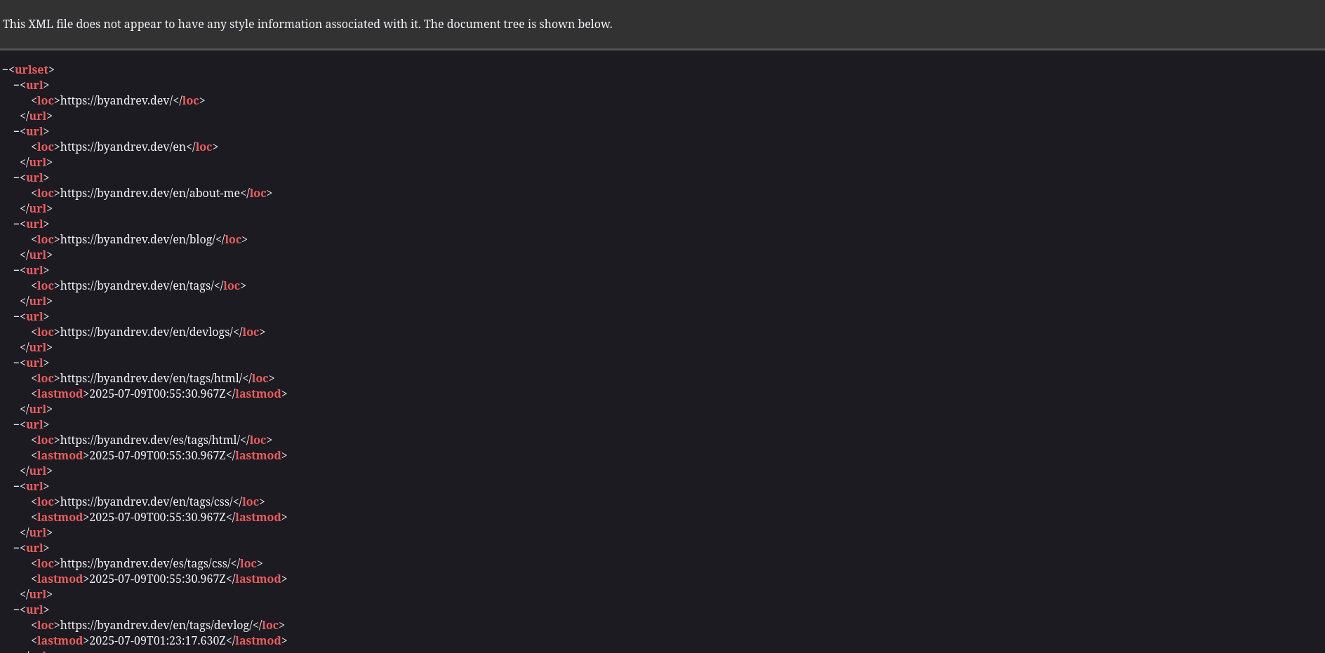 Screenshot of the sitemap example in Astro
