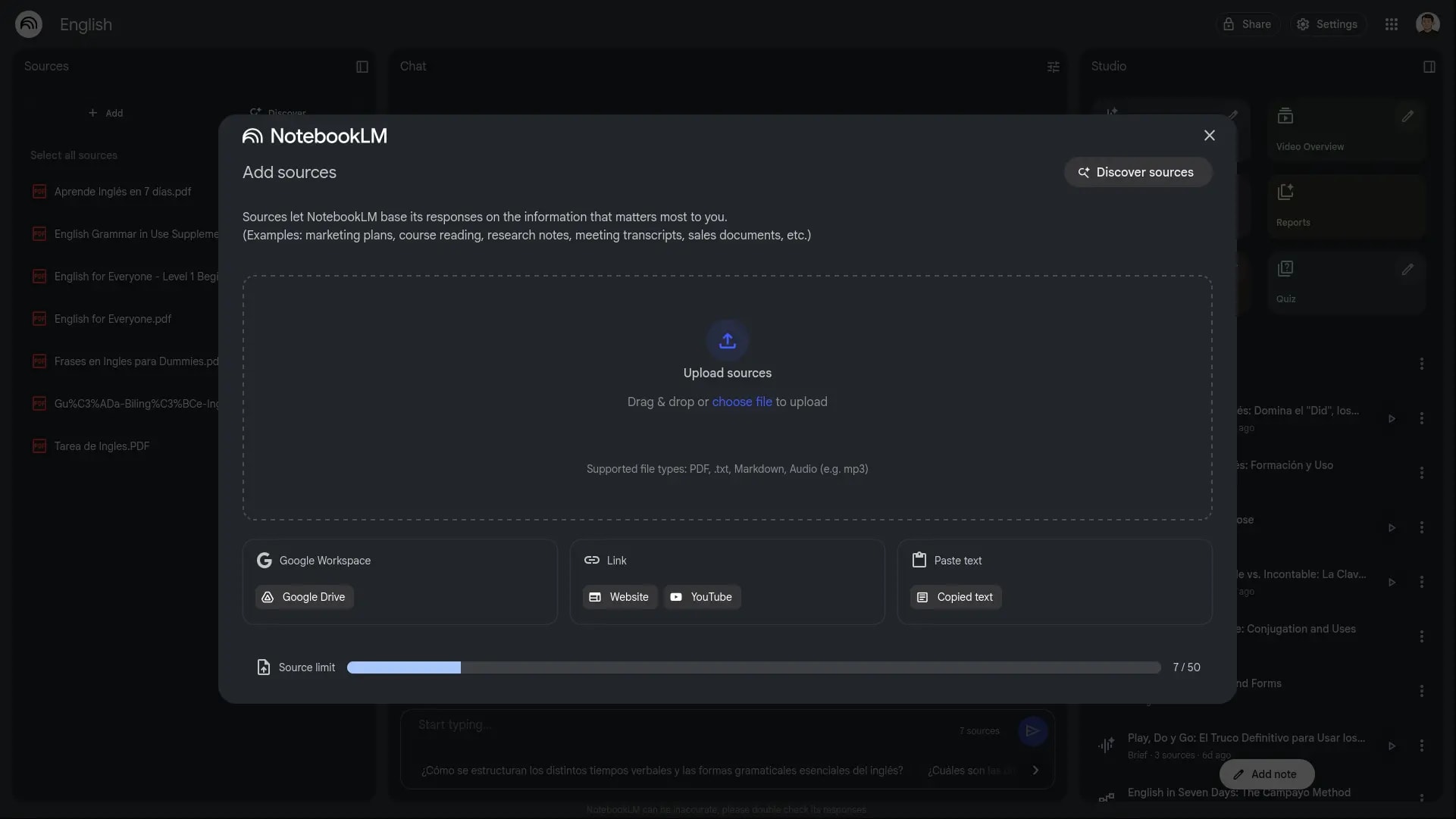 NotebookLM allows you to upload websites, YouTube videos, PDFs, mp3 files, and more.