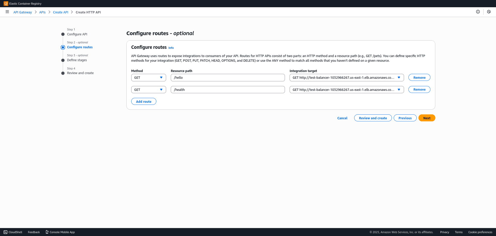 API Gateway configure AWS routes