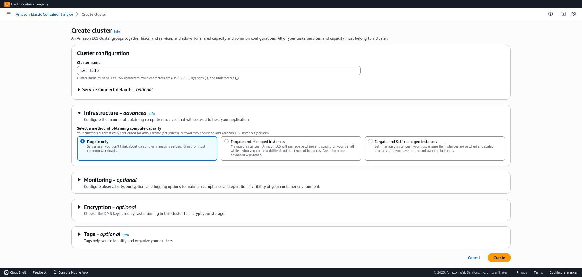 Create cluster in ECS AWS
