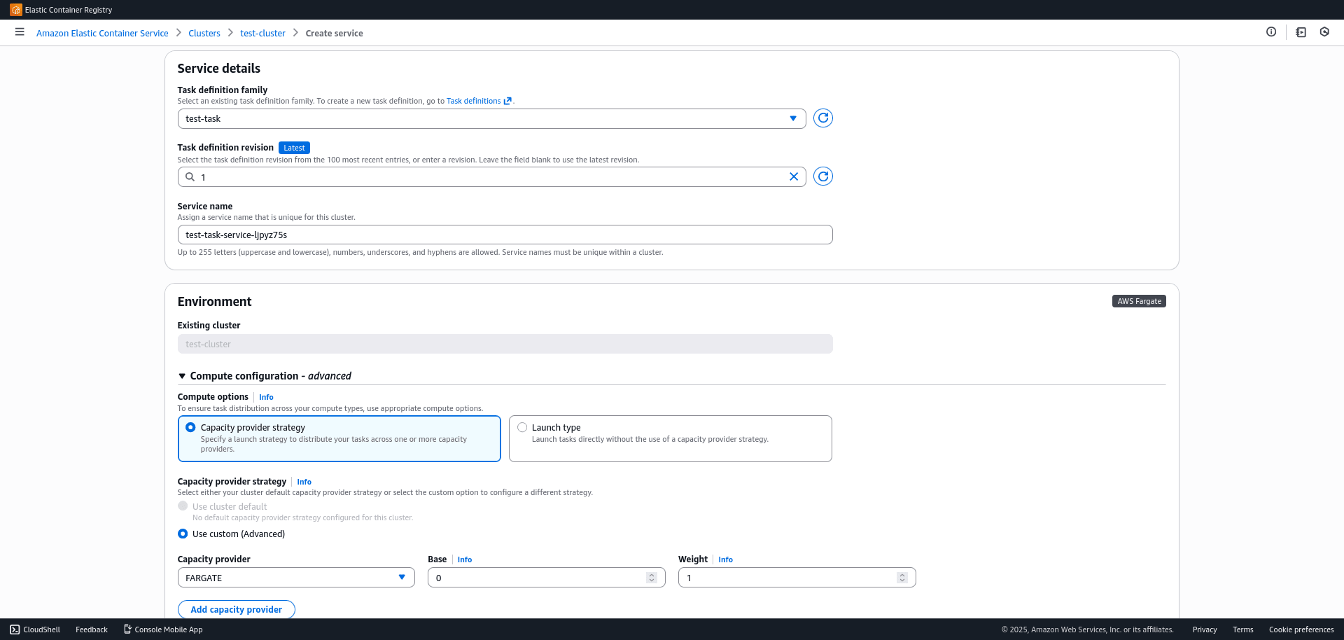 Create service in ECS AWS