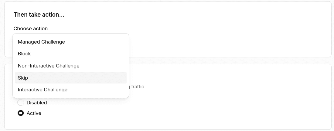 List of available actions for a custom rule