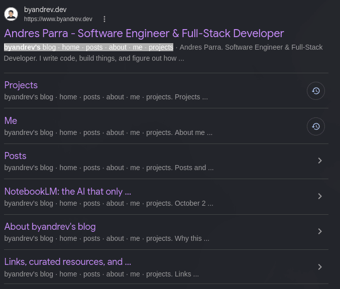 Google snippets showing my header links