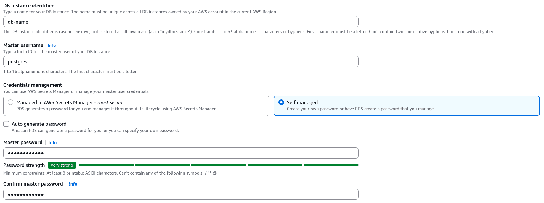 Master username and password settings