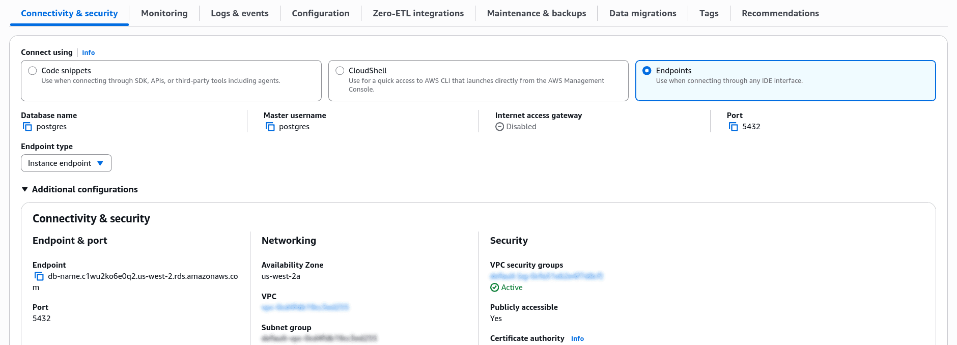 The database endpoint and port