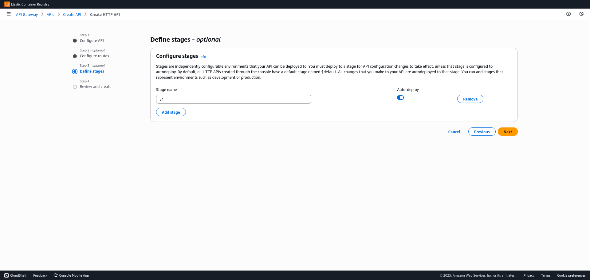 API Gateway crear stage AWS