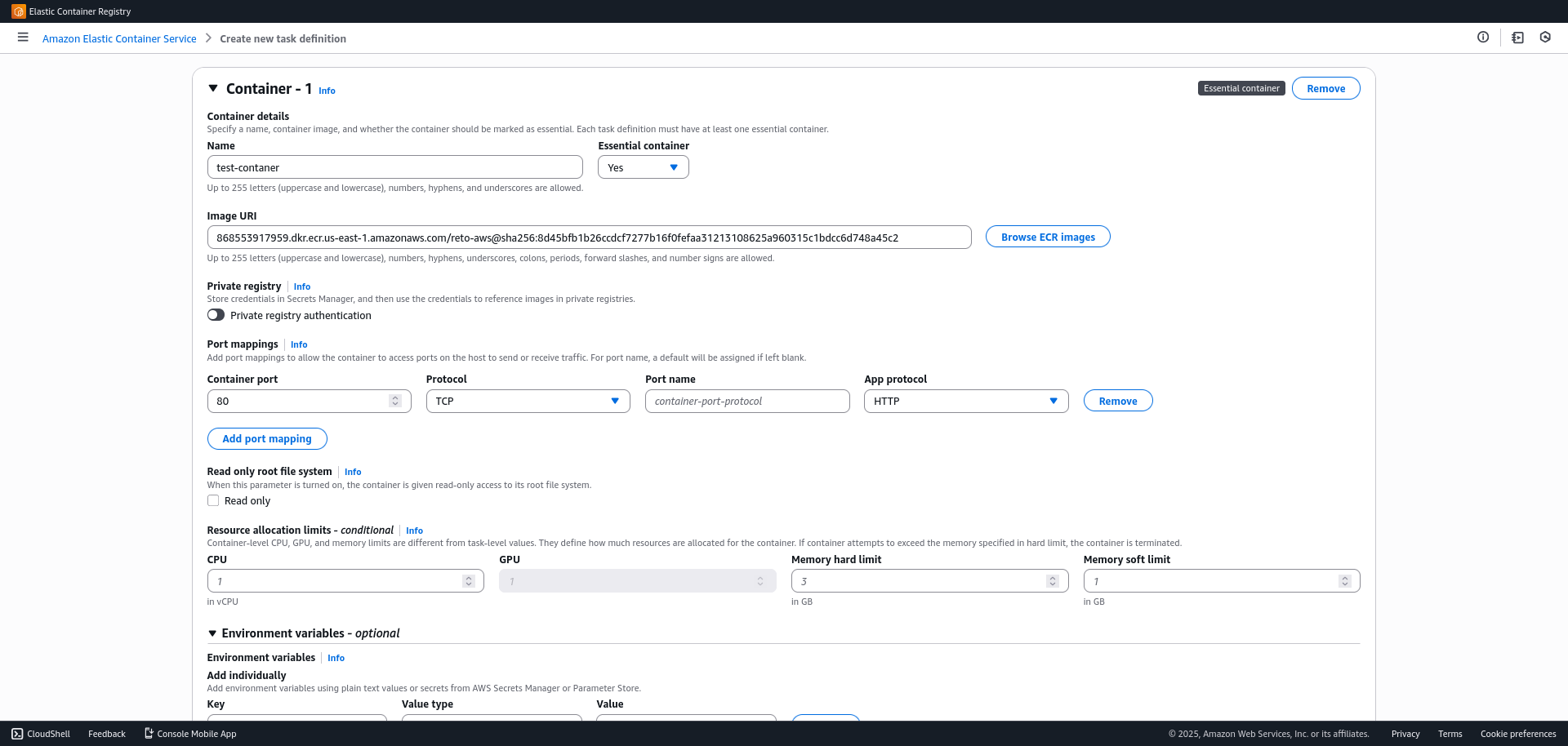 Configuración del container en ECS de AWS