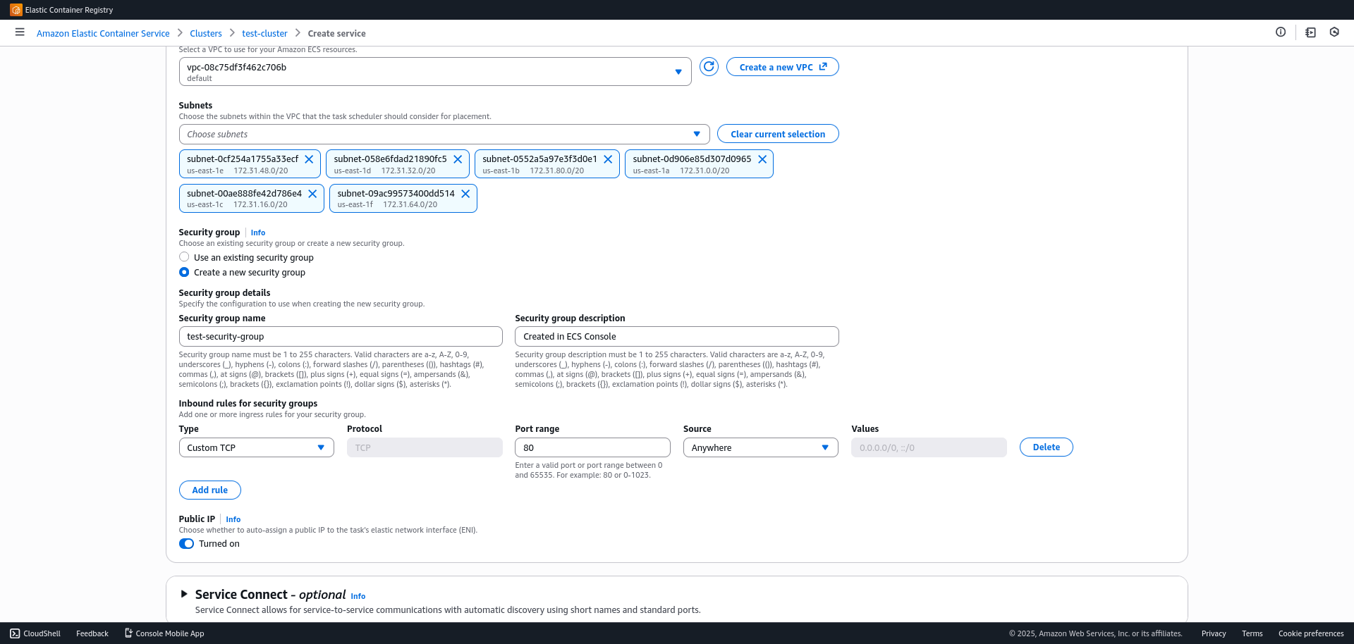 Configurar networking del servicio en ECS de AWS