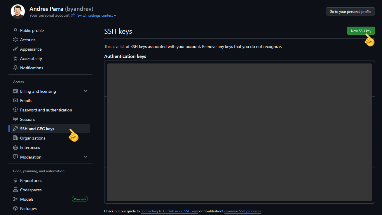 Settings SSH Keys Github