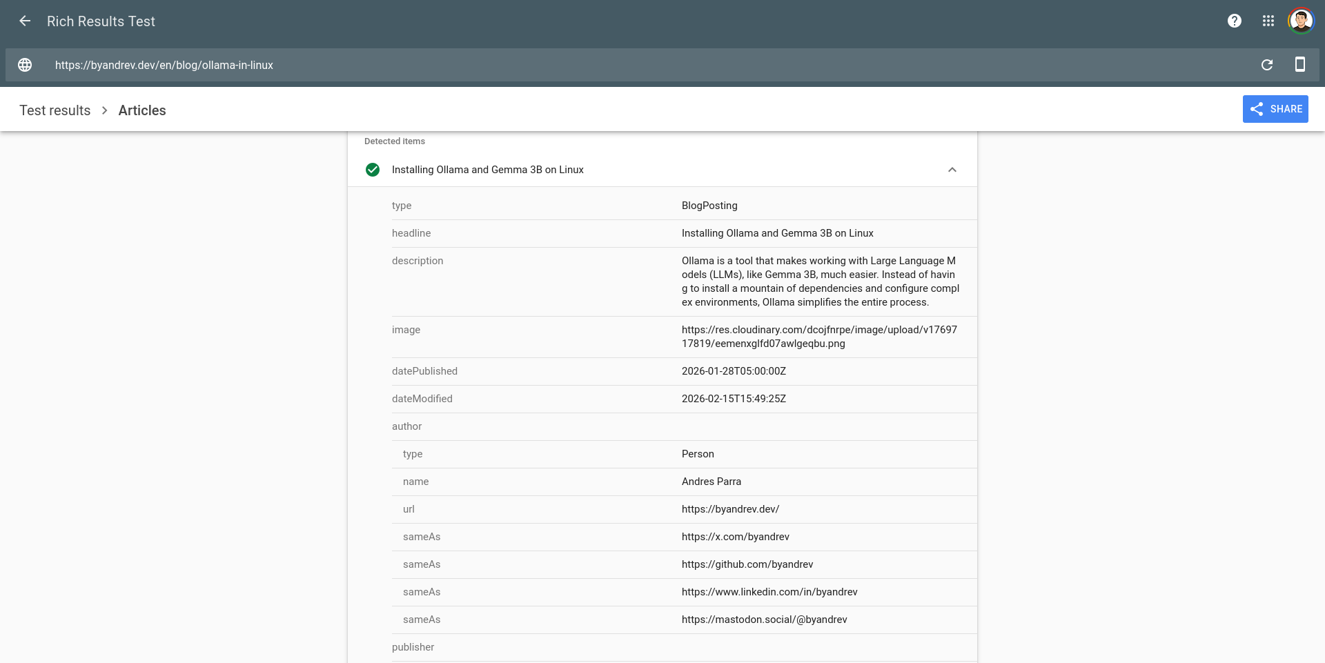 Analyzing my website with the Rich Results Test