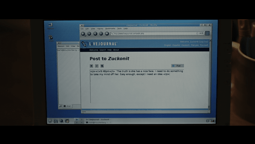 Screenshot from The Social Network showing Mark Zuckerberg's publishing tool