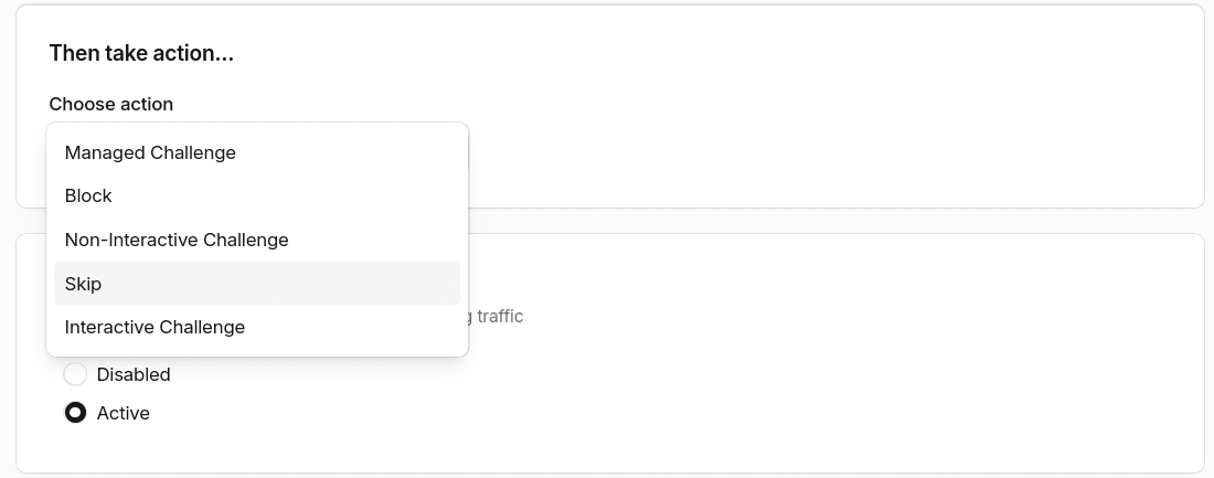 List of available actions for a custom rule