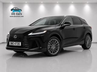 Side profile of the black Lexus RX 450H+ estate showing its sleek lines