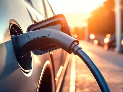 Electric vehicle charging port at sunset