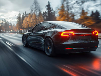 Tesla electric car driving on the road