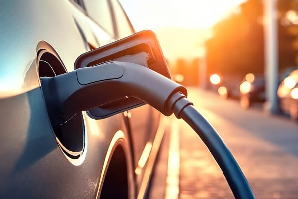 Electric vehicle charging at sunset