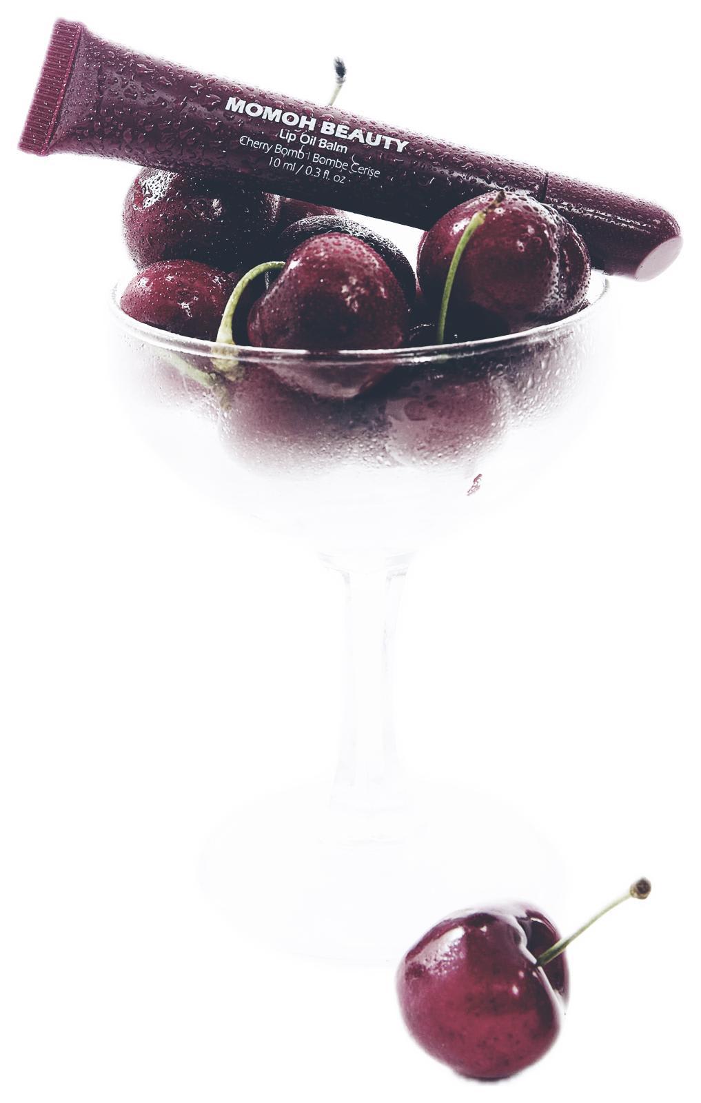 Cherry Bomb Lip Oil Creative Shot in Glass with Cherries