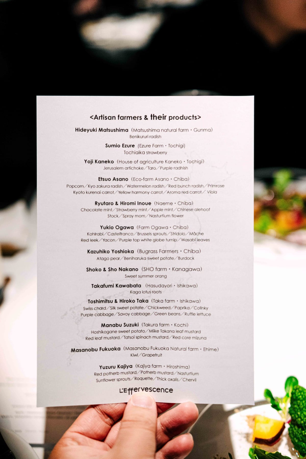 L'Effervescence, Tokyo: the sheet listing the producers behind the vegetables