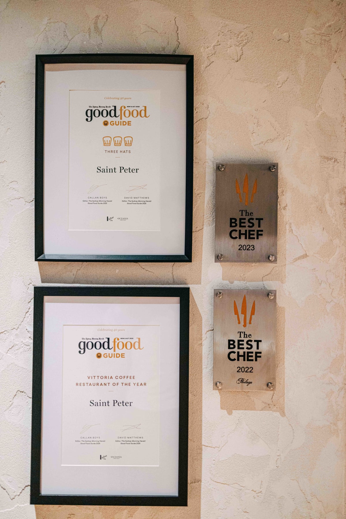 Saint Peter, Sydney: the list of awards displayed in the restaurant
