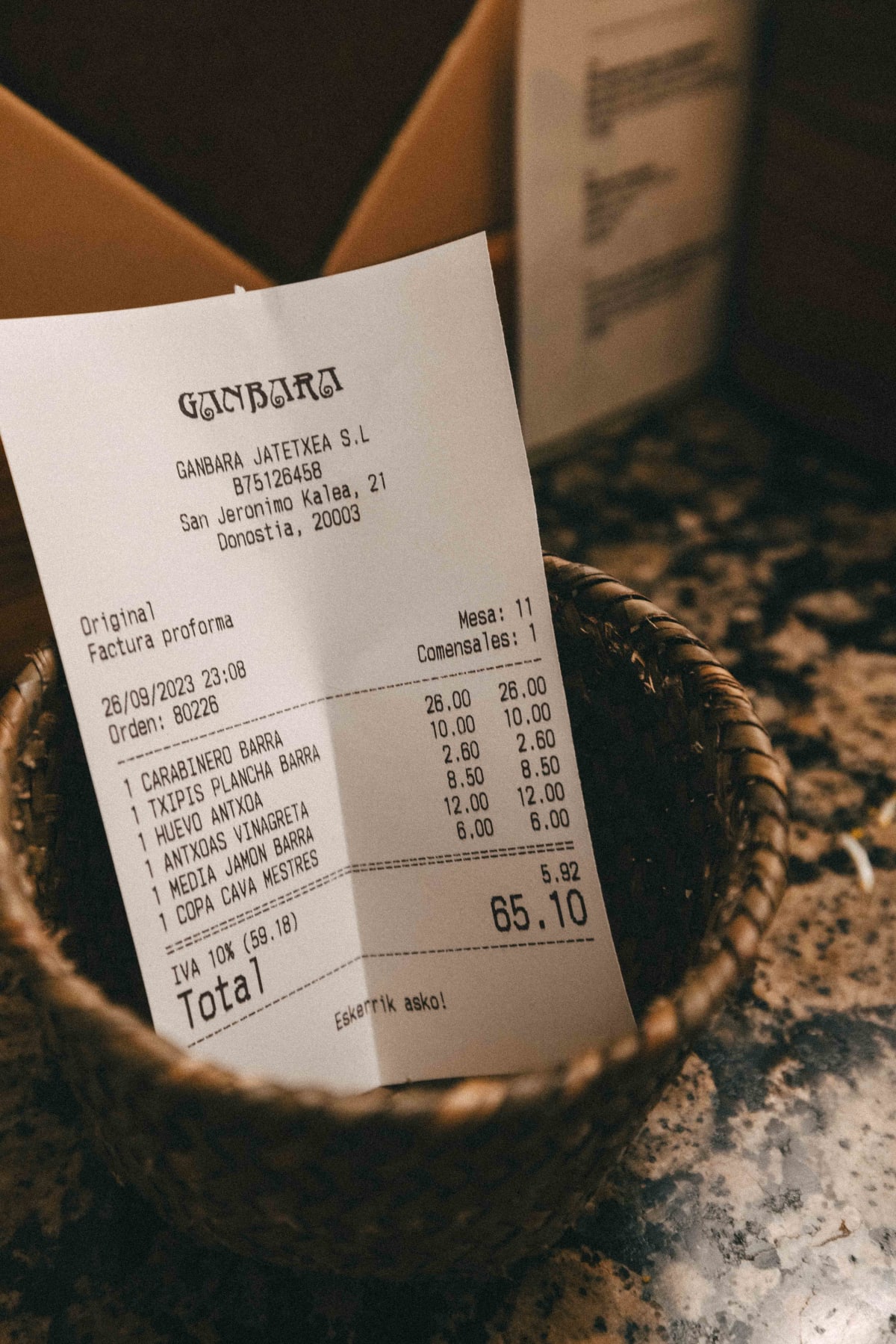 Ganbara, San Sebastián: the bill