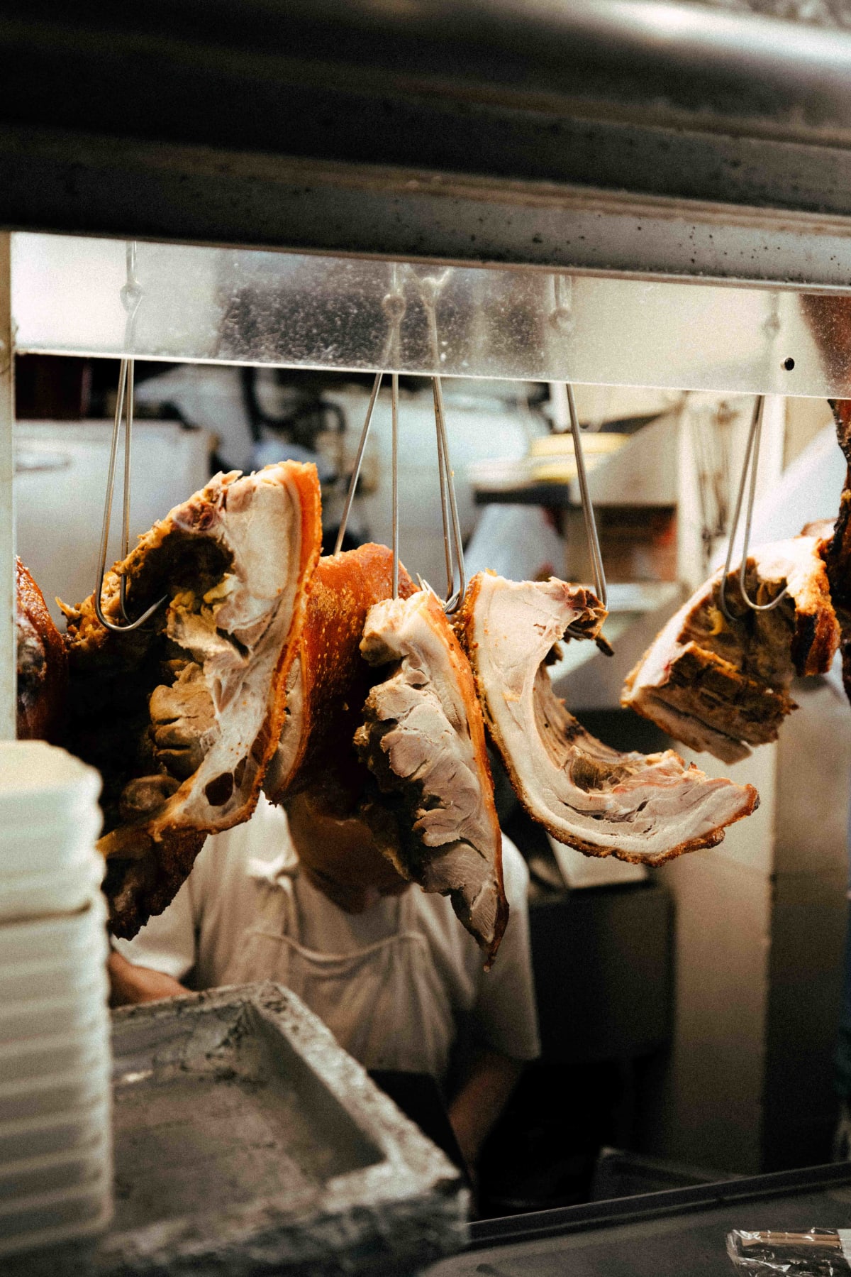 Joy Hing Roasted Meat, Hong Kong: cut char siu hanging on hooks