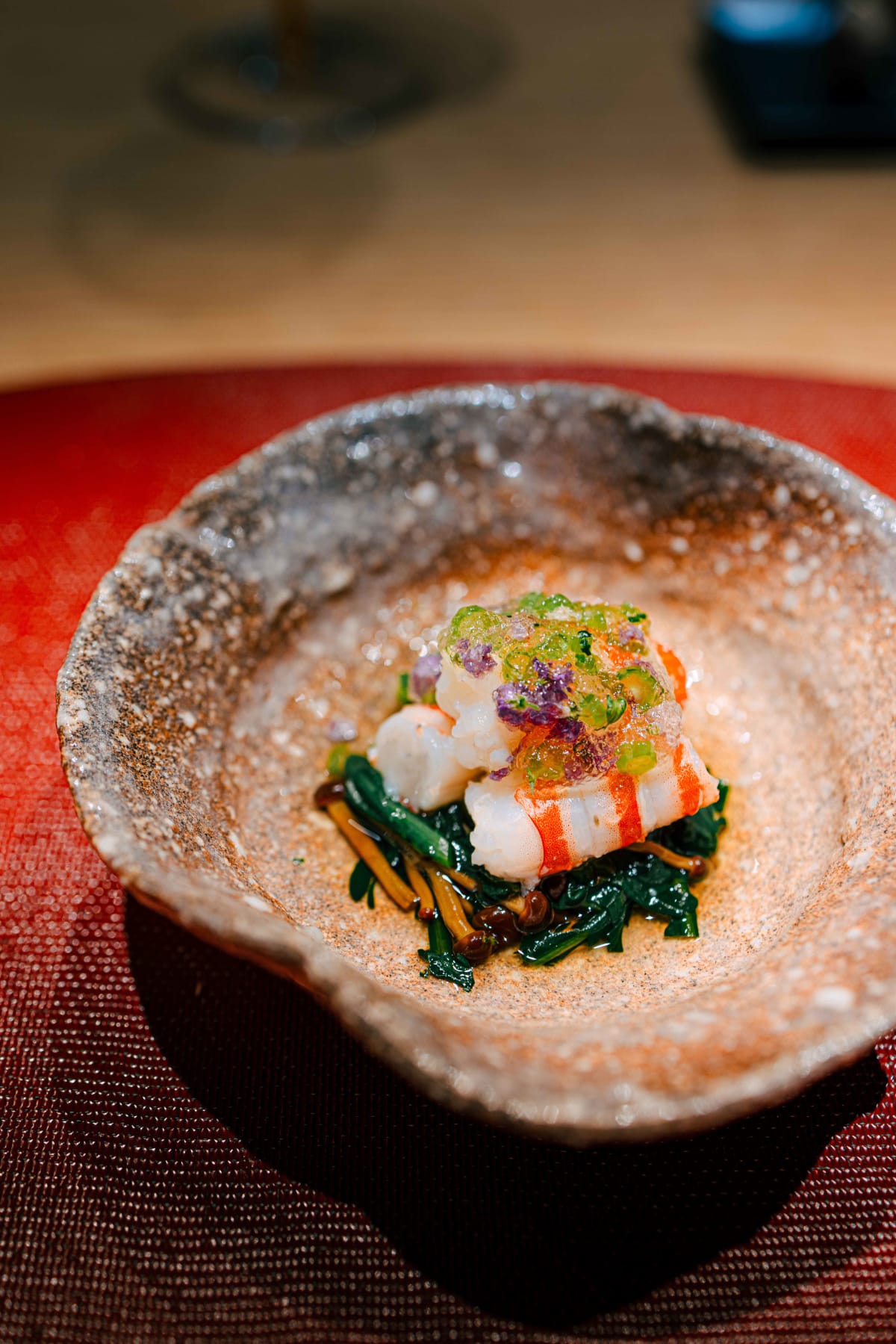 Mitou, Seoul: shrimp and mushroom with shiso flowers and a cold jelly sauce