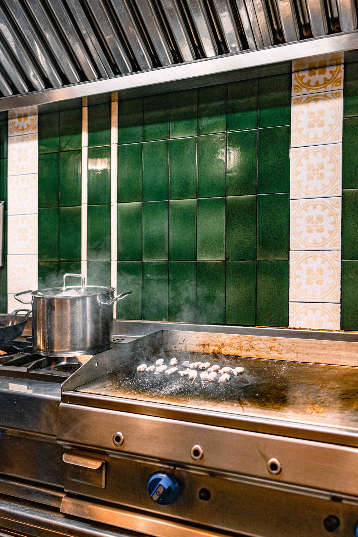 Ultramarinos Marín, Barcelona: the planxa against the green tiles