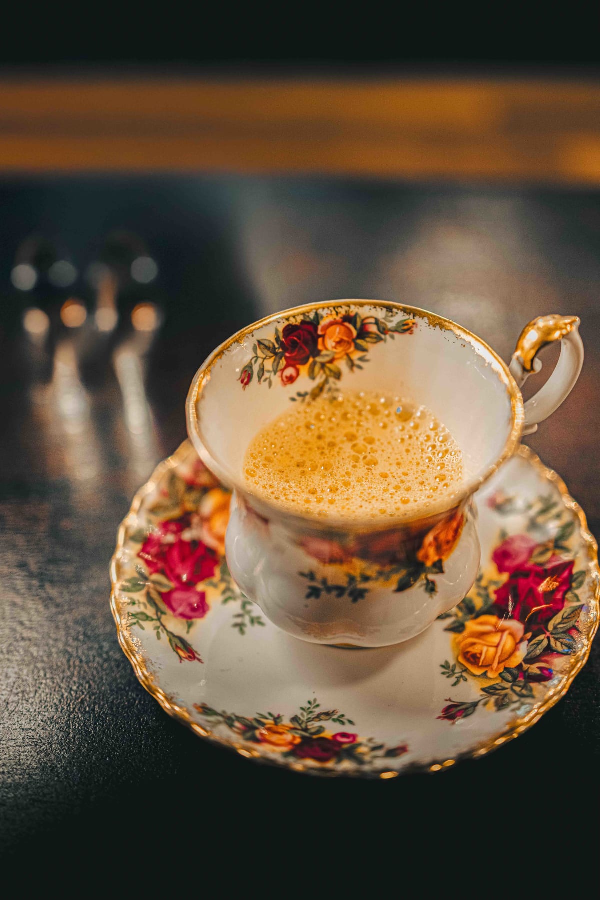 Bistro de la Mer, Amsterdam: a small cup of frothy soup in a rose-patterned teacup