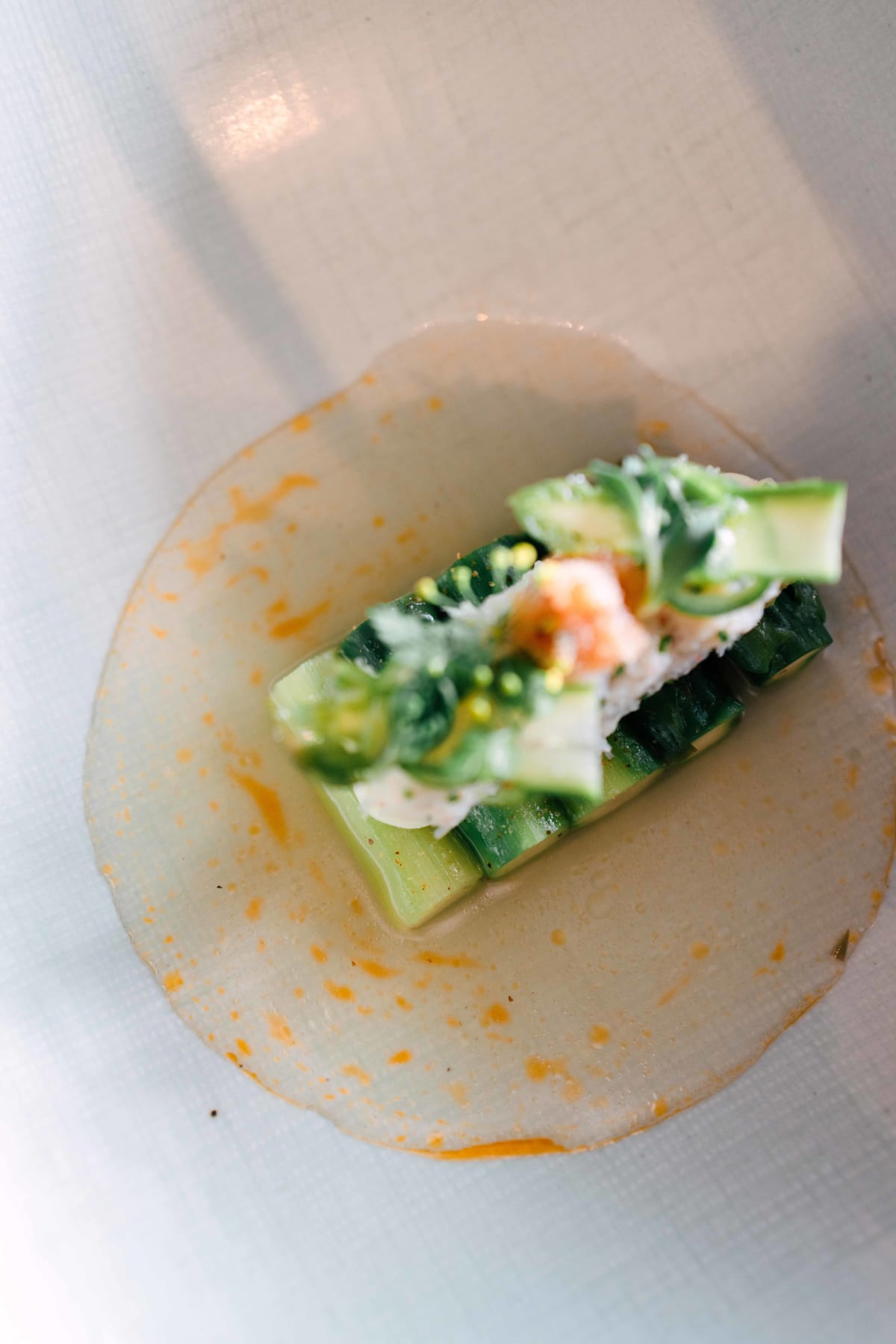 Exquisine, Seoul: the asparagus course from above, the sauce spread across the bowl