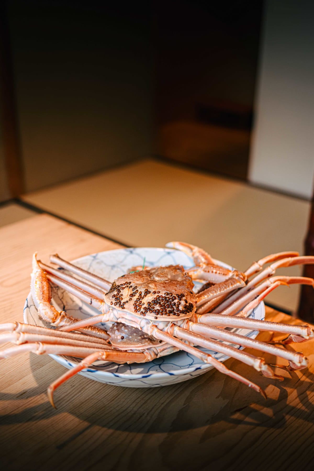 Matsukawa, Tokyo: the raw snow crab shown whole before cooking, its legs spread across a blue and white plate