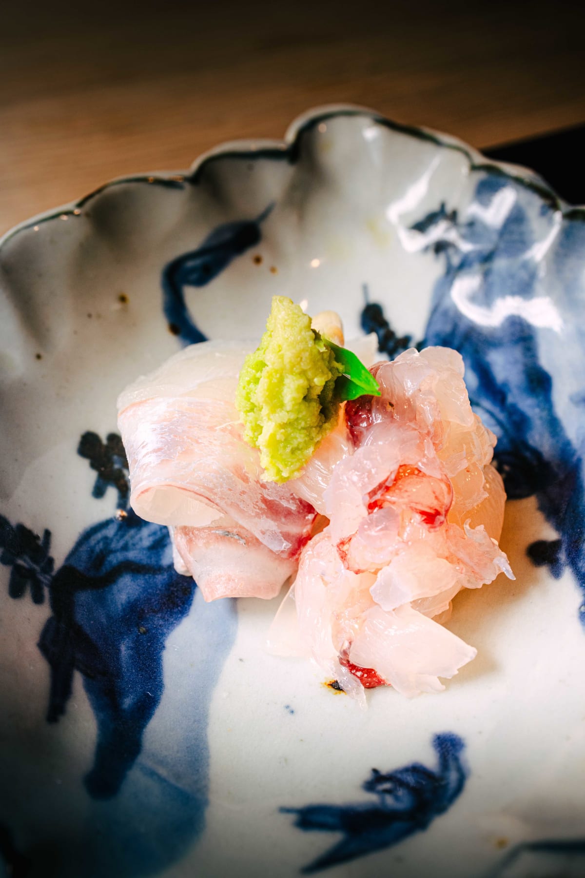 Matsukawa, Tokyo: the madai up close, then a slice lifted with chopsticks