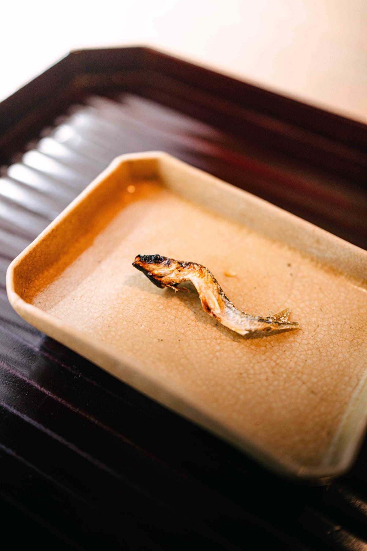 Matsukawa, Tokyo: a single grilled moroko on a square, crackle-glazed beige plate