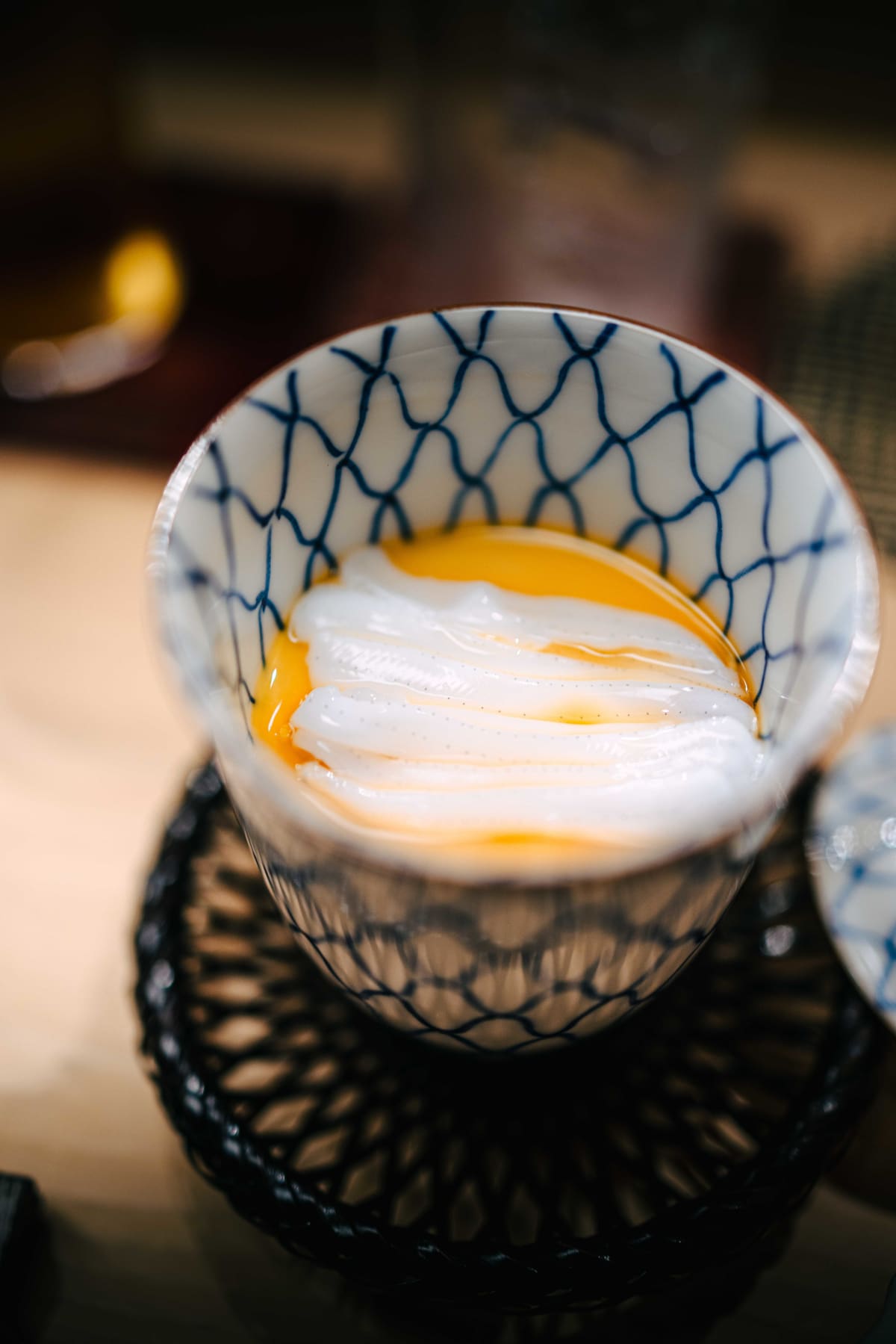 Nihonbashi Kakigaracho Sugita, Tokyo: the chawanmushi arriving lidded, momiji-oroshi and chopped chives on the side to add to it, then uncovered, noresore laid across the custard