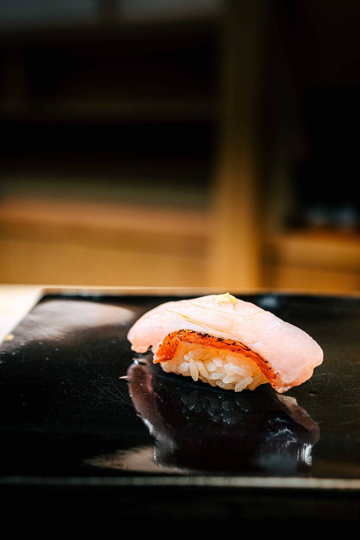 Nihonbashi Kakigaracho Sugita, Tokyo: kinmedai nigiri, the skin seared at the edge