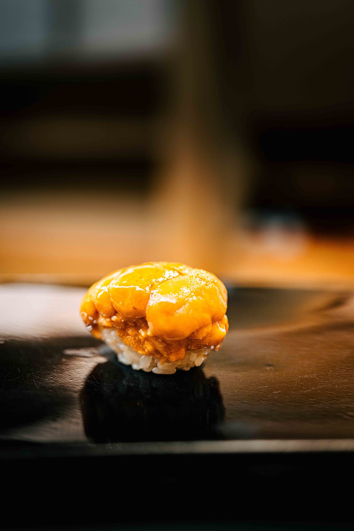Nihonbashi Kakigaracho Sugita, Tokyo: uni nigiri, a mound of orange uni on the shari with no nori