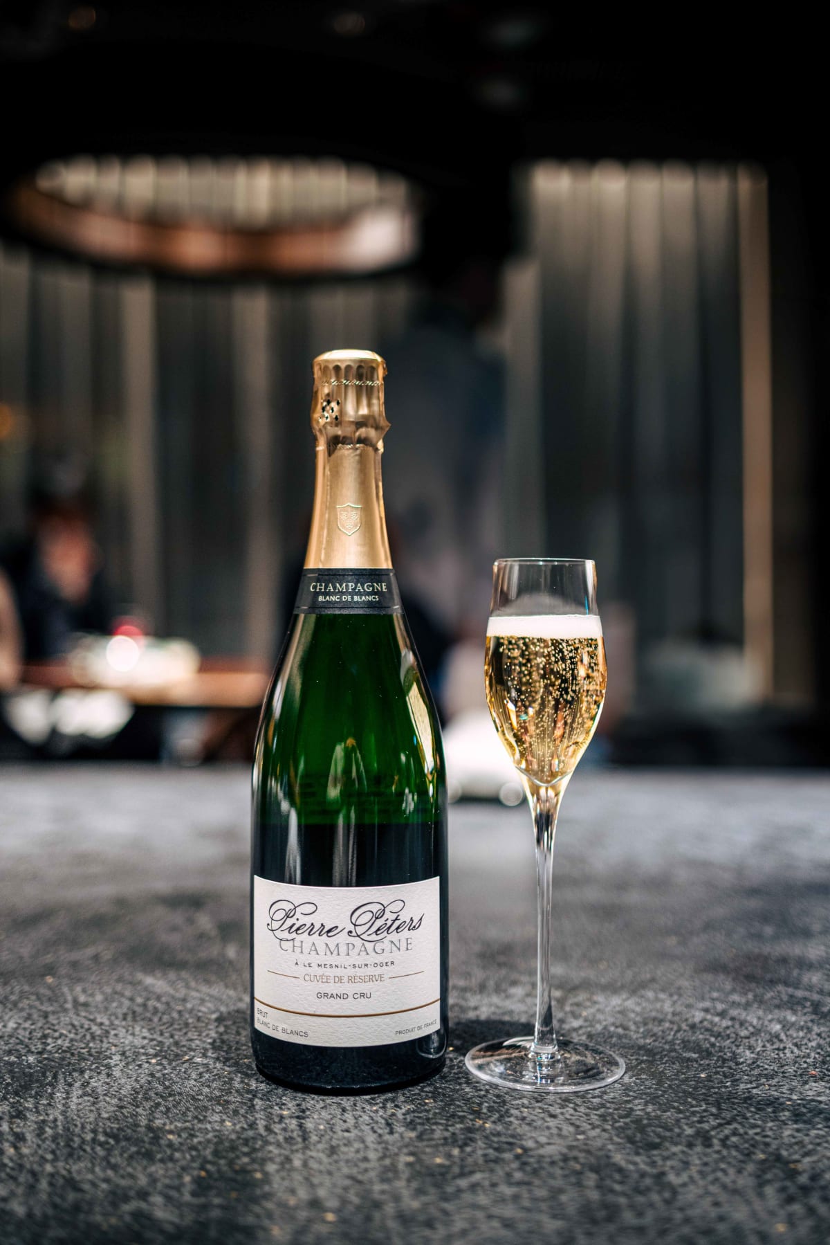 Florilège, Tokyo: Pierre Péters Cuvée de Réserve Blanc de Blancs Grand Cru beside a poured flute