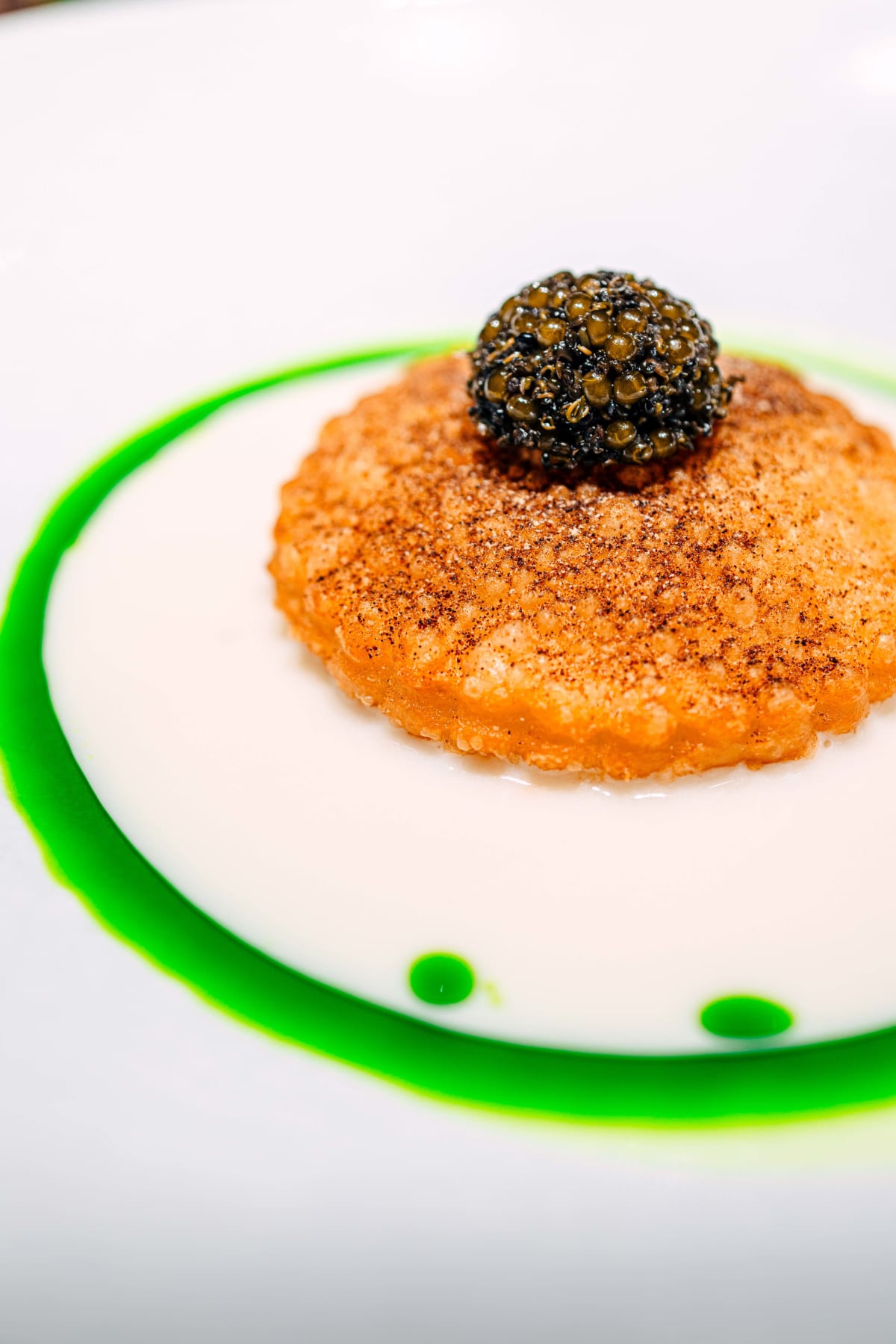 Florilège, Tokyo: the radish pie up close, tonburi and caviar heaped on the fried pastry