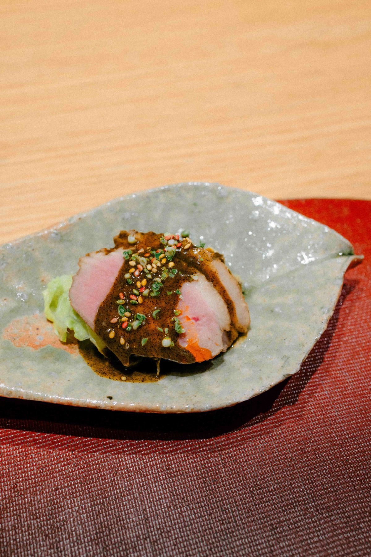 Mitou, Seoul: duck with black sesame sauce and sansho