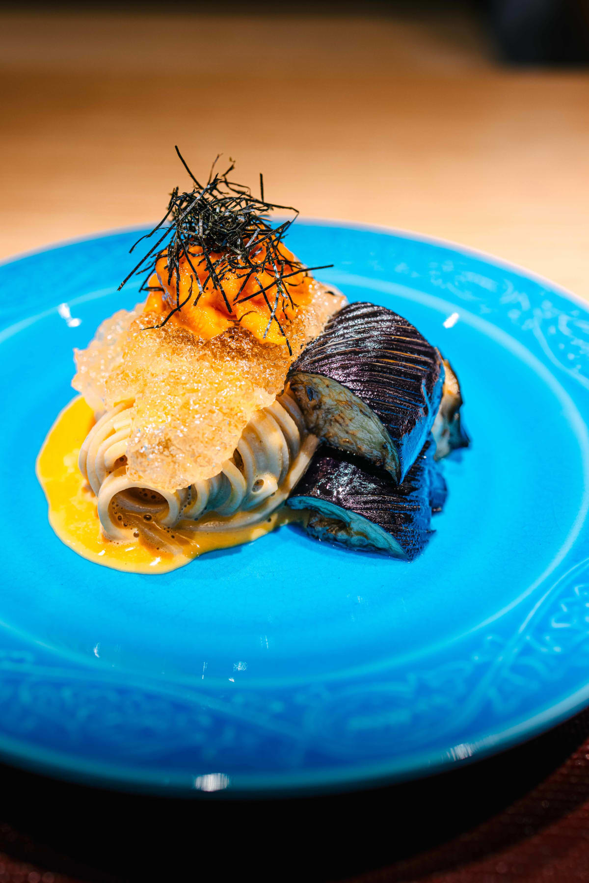 Mitou, Seoul: uni soba with jelly, uni and grilled aubergine