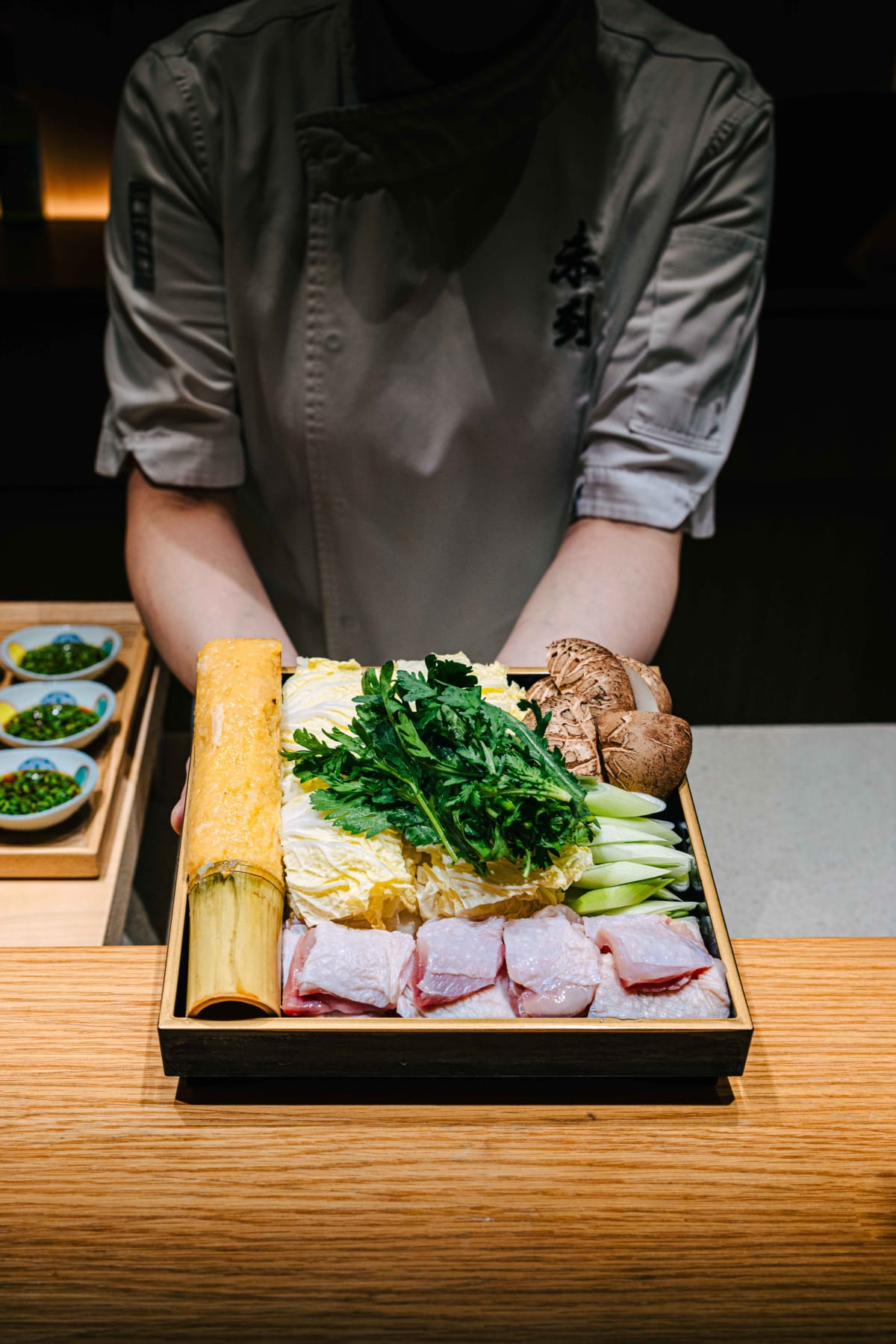 Mitou, Seoul: the mizutaki ingredients, chicken, vegetables and minced chicken in a bamboo tube