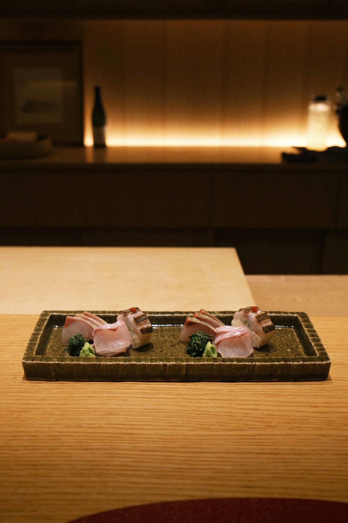 Mitou, Seoul: the August sashimi on a long glazed plate